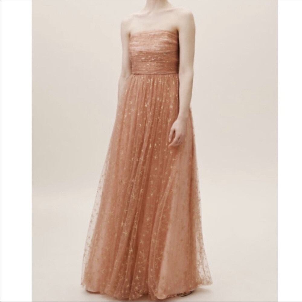 BHLDN x Joanna August Brenda Gown Blush Gold Glitter Star Print Tulle SZ 8